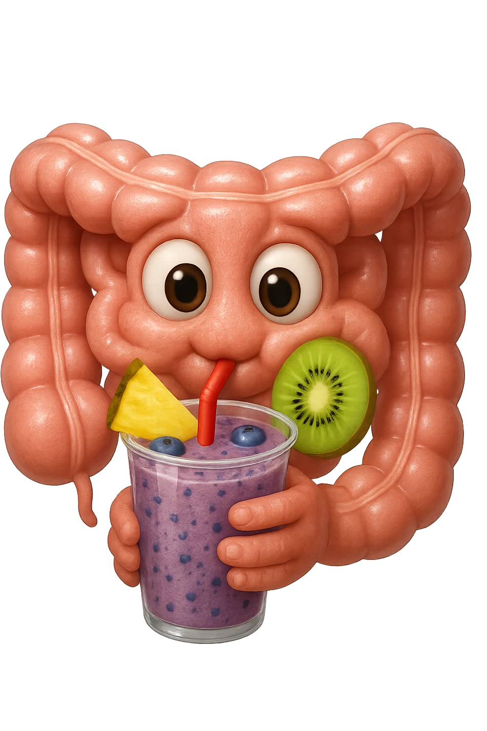EMOJI STILE IPHONE DI un intestino umano anatomico che beve un frullato di mirtilli, ananas, kiwi, fagli anche la parte bianca degli occhi, non solo le pupille, REALISTICo 4K emoji
