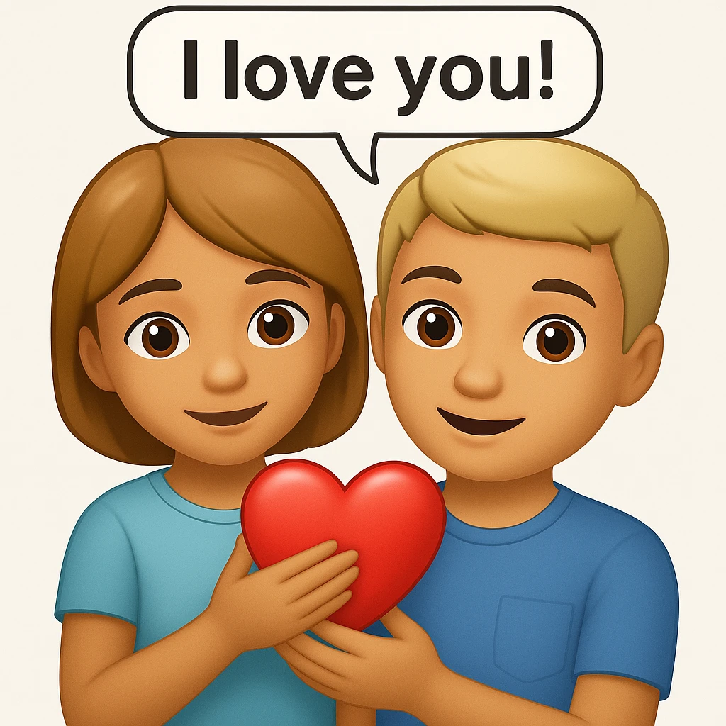 Add a speech bubble with the greeting 'I love you!' to the image, keeping the emoji style happy and affectionate emoji
