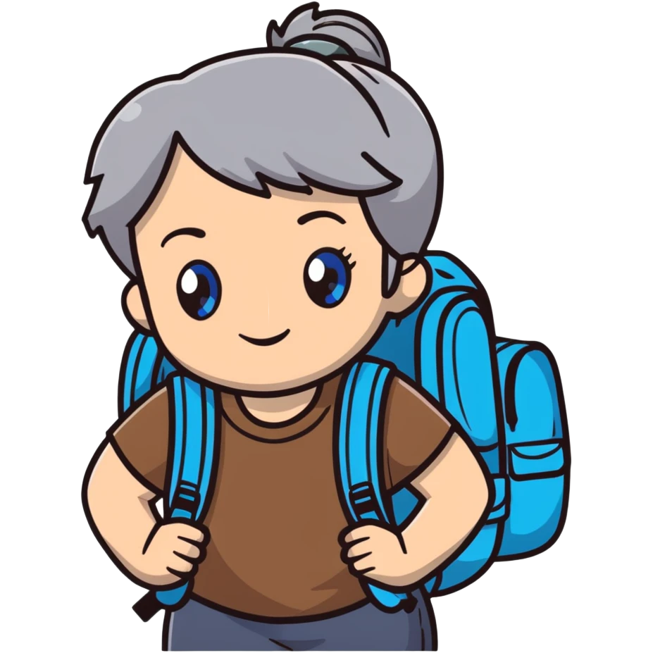 white woman park ranger with blue eyes, brown and gray hair, wearing a backpack emoji