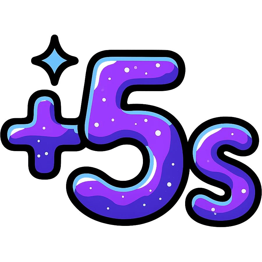 símbolo '+5s' con efecto de metal líquido cósmico en morado y azul, 's' en subíndice, borde de neón azul eléctrico, efecto animado de brillo y movimiento líquido emoji