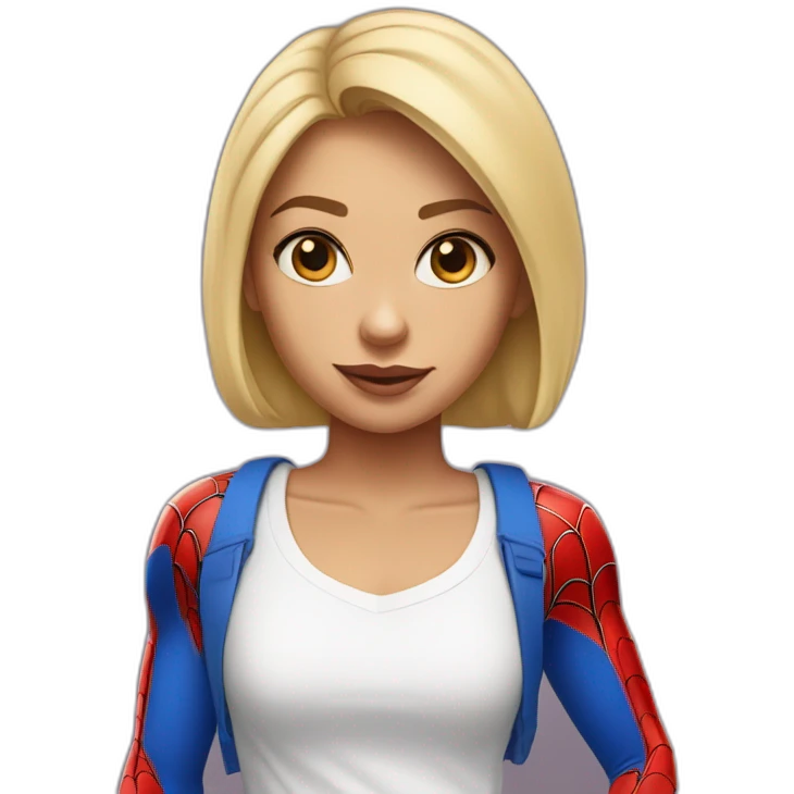 tanned blonde girl with bobbed hair and bleu eyes with spider man t-shirt emoji