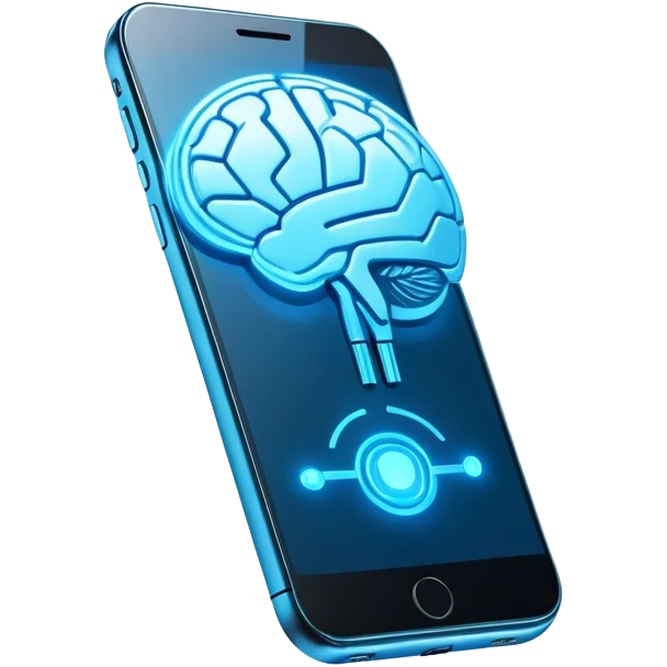 Futuristic smartphone connecting to human brain, AI-powered telepathic communication, glowing with advanced technology emoji