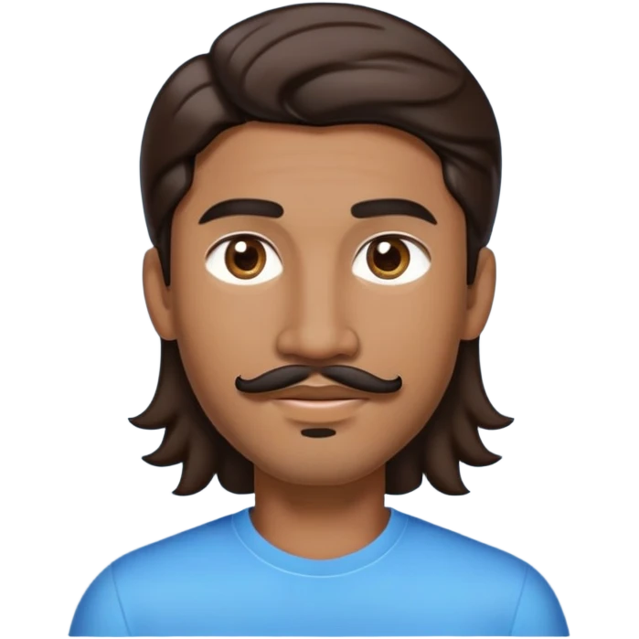 Apple-style emoji of young man with medium brown skin, mixed-race ethnicity, long wavy dark brown hair with perfect center part, cartoon-like stylized appearance, mustache separated from goatee, medium brown eyes, small diamond stud earrings, head only with no shoulders or neck emoji