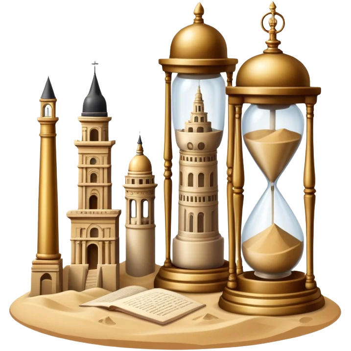 icon featuring ancient scrolls, quill pen with famous historical landmarks and monuments in the background. Large, antique sand clocks with sand pouring out represent the passage of time. Historical figures are depicted as statues. Transparent background. emoji