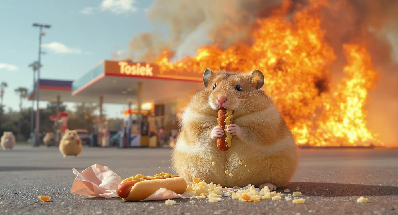 Cinematic still of A portrait of a fat hamster eating hotdog on gas station, gas station is in fire, other hamster fun away, sunny day, back light explosion , gas station named "Tosiek" emoji