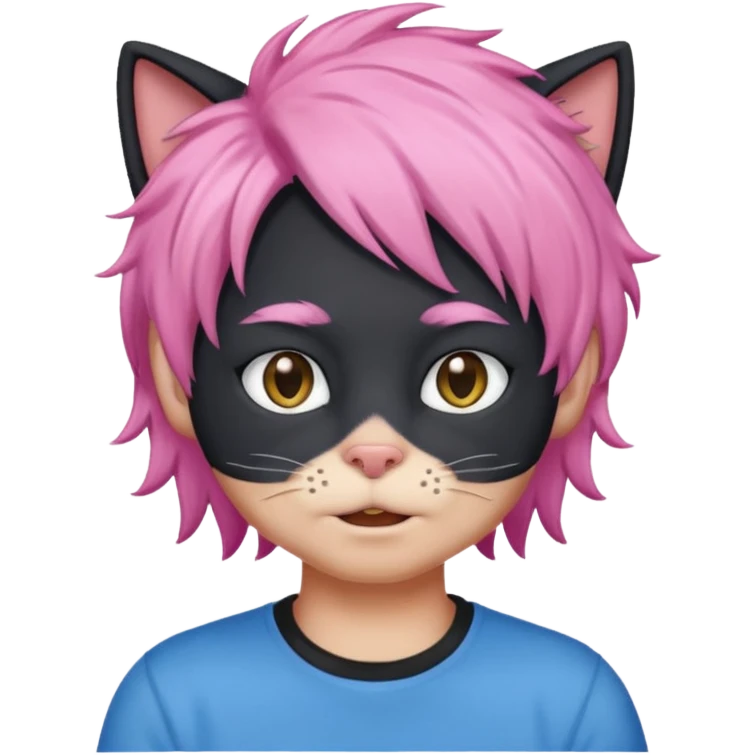 Black cat wearing a male pink hair wig, blue T-shirt emoji