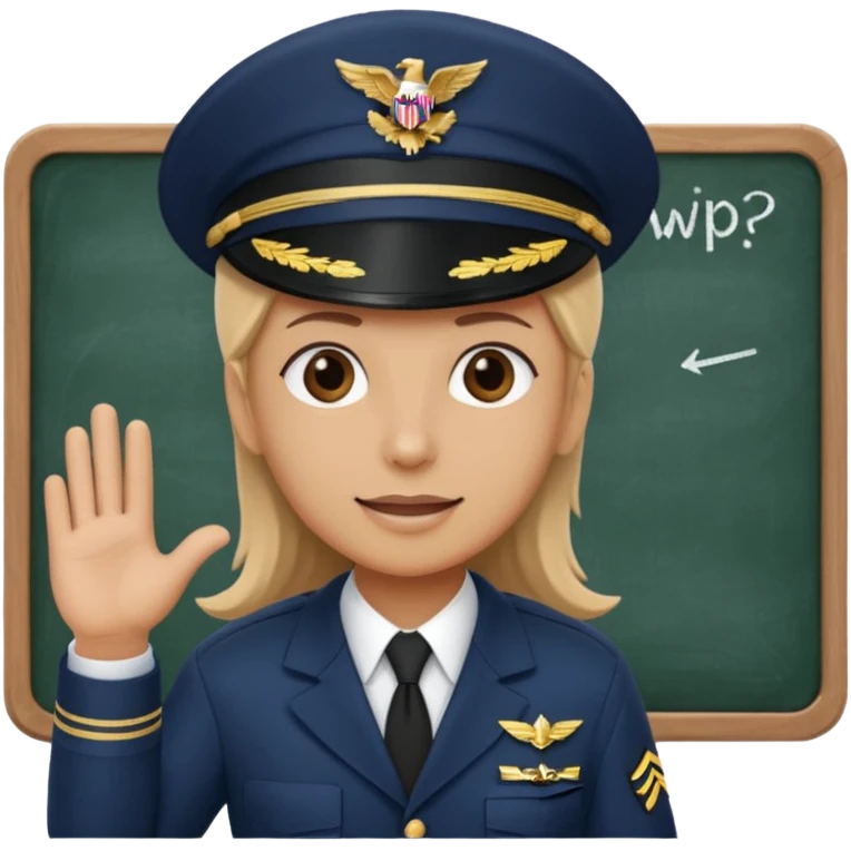 Slack-style emoji of a pilot wearing a navy captain hat holding a blackboard with the text "WIP" on it emoji