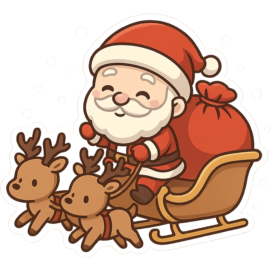 一个圣诞老人坐着雪橇，飞在天空中，雪橇有3头驯鹿拉着。圣诞老人背着一大袋红色的礼物袋子。 emoji
