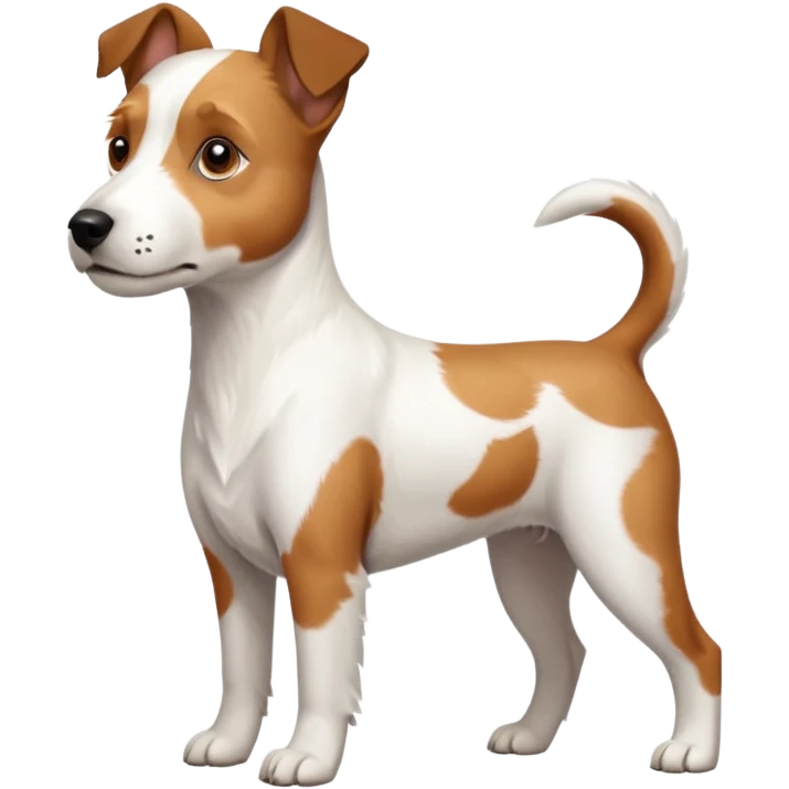 a full body large white parson russell terrier looking dog the size of a kelpie with light brown big ears and a light brown patch on one eye and a large snout emoji