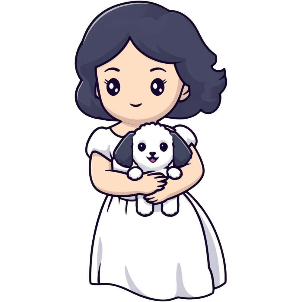 A beautiful girl with long black hair wearing a white dress holds a small white Bichon Frise in her arms emoji