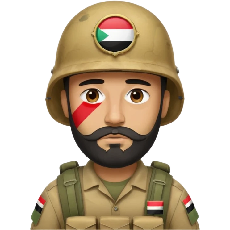 A tired and sad, swarthy Iraqi soldier with a beard, an Iraqi flag on his helmet, a sad expression and bags under his eyes emoji