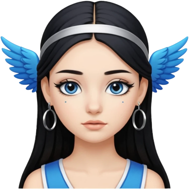 Girl with Black long straight hair with headband black one that puts hair pushed back winged eyeliner both upoer and lower line blue eyeshadow silver hoops  emoji
