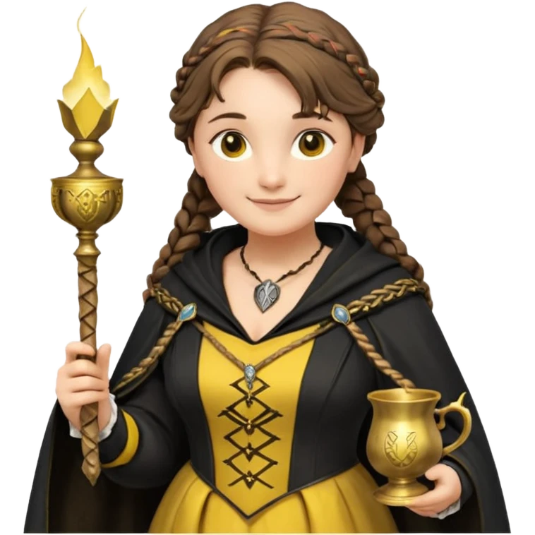 Helga Hufflepuff,the Hogwarts founder of Hufflepuff,brown-haired,2braids,yellow-black medieval dress with black cloak decorated with gold braiding,flickering magic wand and tiny two-handled shiny gold cup engraved with the badger silhouette,very kind smile,curvy busty sweet emoji