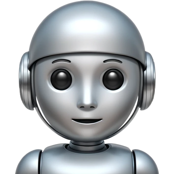 A cute futuristic robot emoji made of silver chrome, rounded friendly body, minimal facial features, glossy metallic surface, soft reflections, iOS emoji style, centered, clean white background emoji