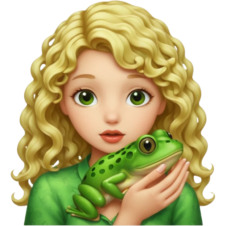 A curly blonde girl kiss a frog emoji