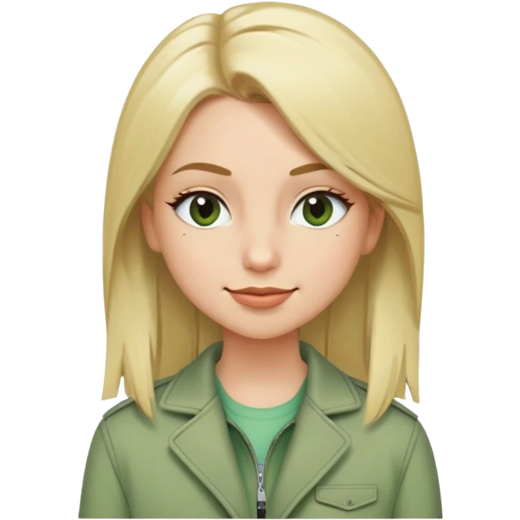 winking girl with straight blonde hair, fair skin, brown eyes, wearing mascara and a sage green jacket emoji