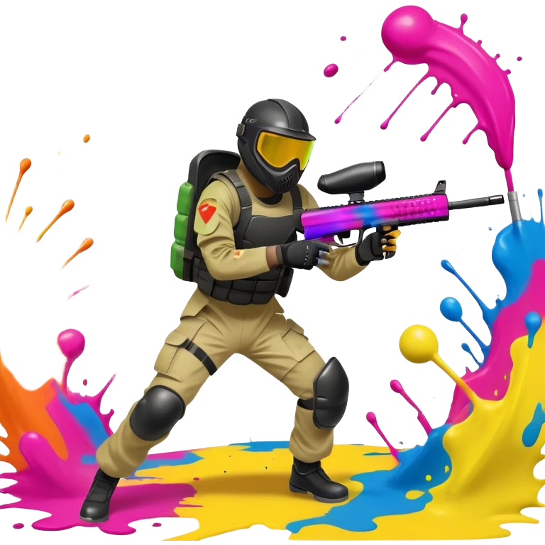 A dynamic scene of a player in action, holding a paintball gun and wearing protective gear. The background shows a vibrant paintball field with obstacles, colorful splatters of paint in the air, and an intense, competitive atmosphere. emoji
