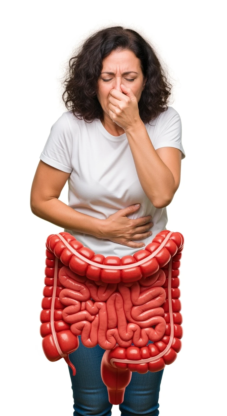 DONNA CHE SI TIENE LA PANCIA CON LA MANO E SI TAPPA IL NASO PER LA PUZZA, INTESTINO UMANO ANATOMICO IN EVIDENZA, ISOLATA SU SFONDO BIANCO emoji