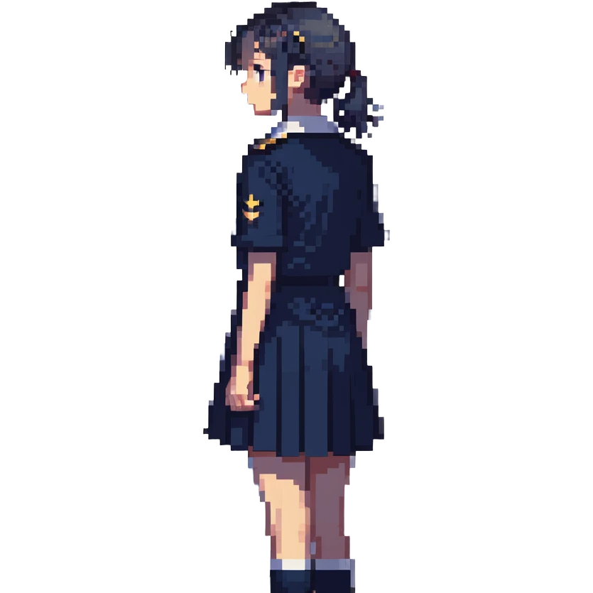 slender schoolgirl in navy uniform in classroom at sunset with dramatic shadows, one desk pulled out, gazing at window, feeling of longing emoji
