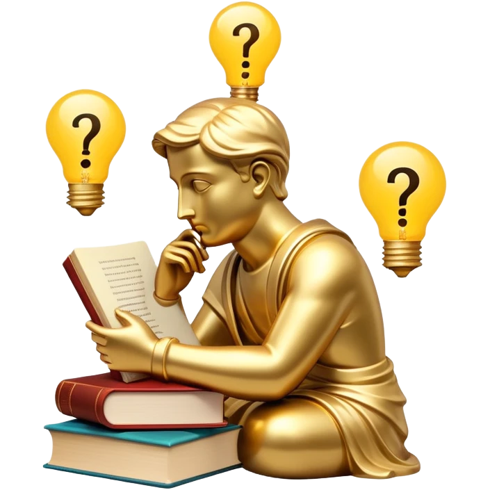 An icon featuring a thinker statue, a scroll, and a question mark, symbolizing philosophy. The design includes books, a lightbulb, and abstract symbols representing deep thought and wisdom. Transparent background highlights the study of ideas, logic, and existential questions emoji