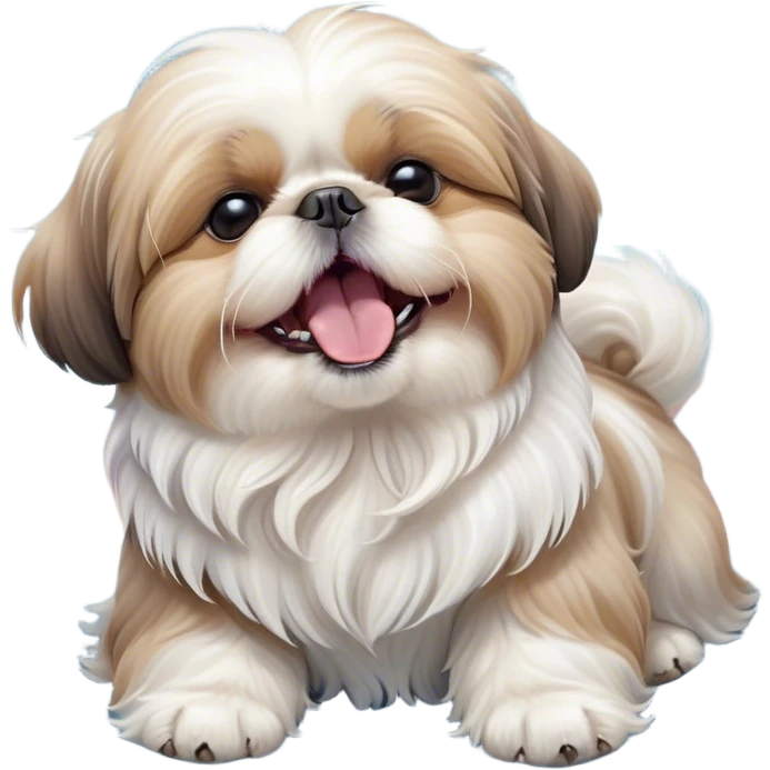 Cinematic Cute Yawning Shih Tzu Portrait Emoji, Head gently tilted with an irresistibly cute yawn and sleepy, half-closed eyes, showcasing a luxurious, fluffy fur in gentle pastel tones, simplified yet endearingly detailed, glowing with a soft, drowsy radiance, high shine, exuding tender, sleepy charm, styled with a delicate, soft glowing outline, capturing the essence of a Shih Tzu caught in a moment of adorable, sleepy bliss! emoji