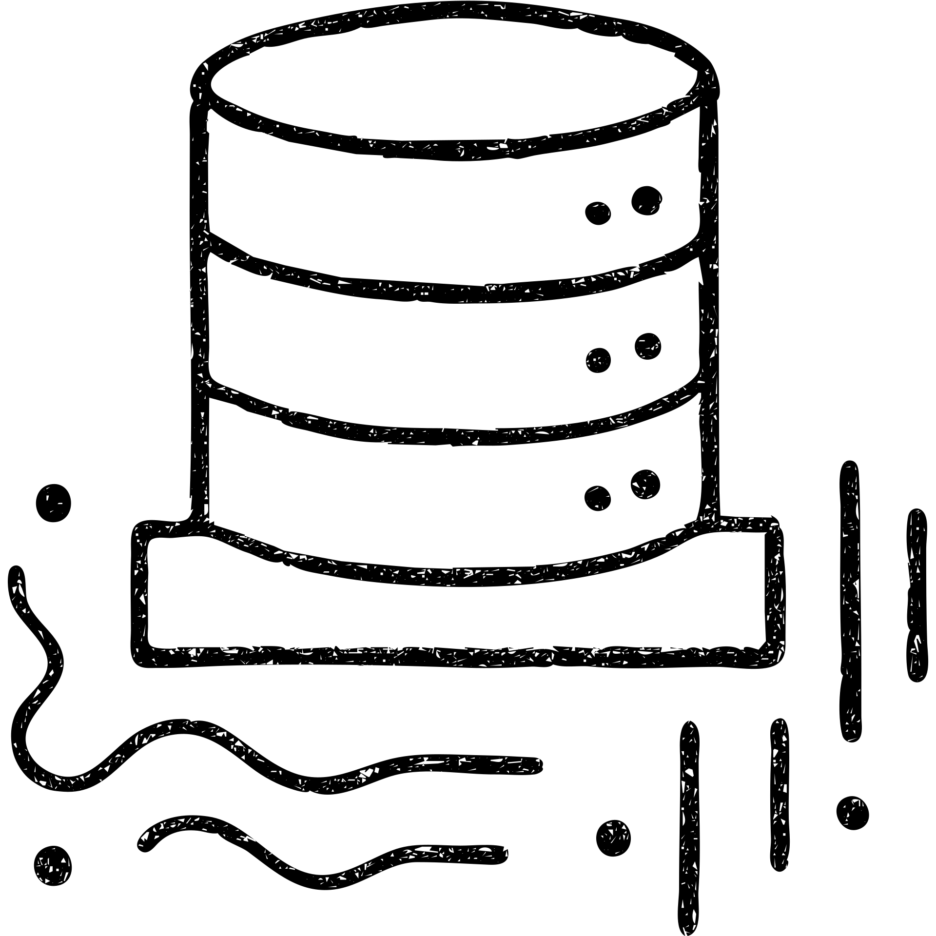 abstract minimalist hand-drawn outlined icon of geometric forms hinting at database and basement, with abstract data streams of lines, dots, or waves, worn and distressed effect emoji