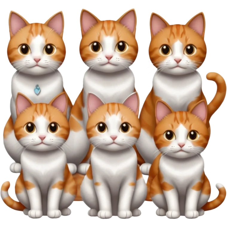 6 cats: 1 small ginger and white, 1 small brown tabby and white, 1 small grey and white, 1 big grey and white, 1 mostly grey with white paws and small white patch on chest and 1 calico emoji