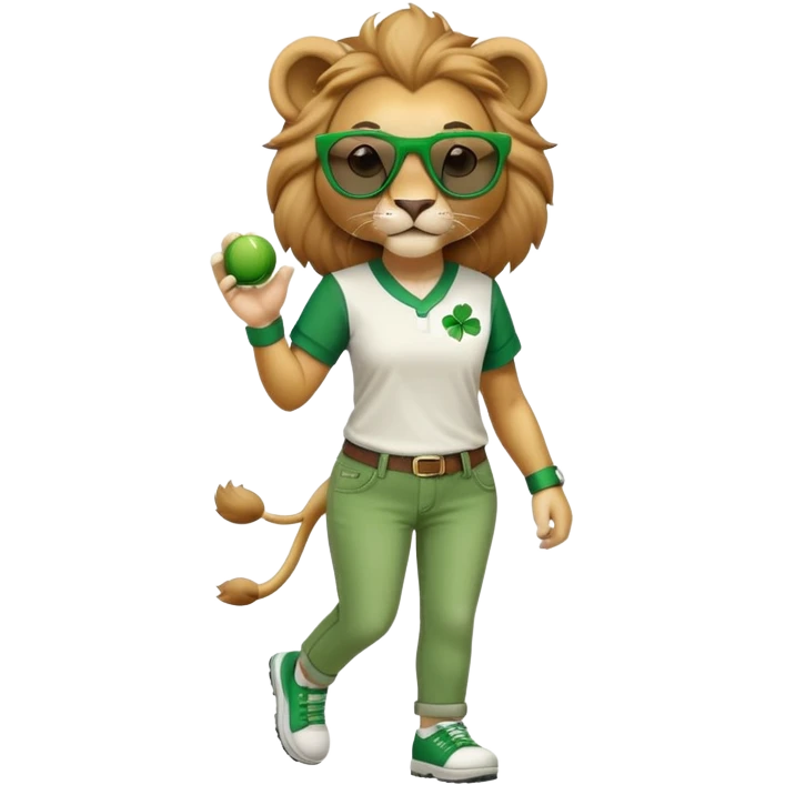 friendly anthropomorphised female lion wearing green and white baseball shirt, jeans, festive St. Patrick's Day accessories, dark sunglasses, walking upright with confident stride emoji