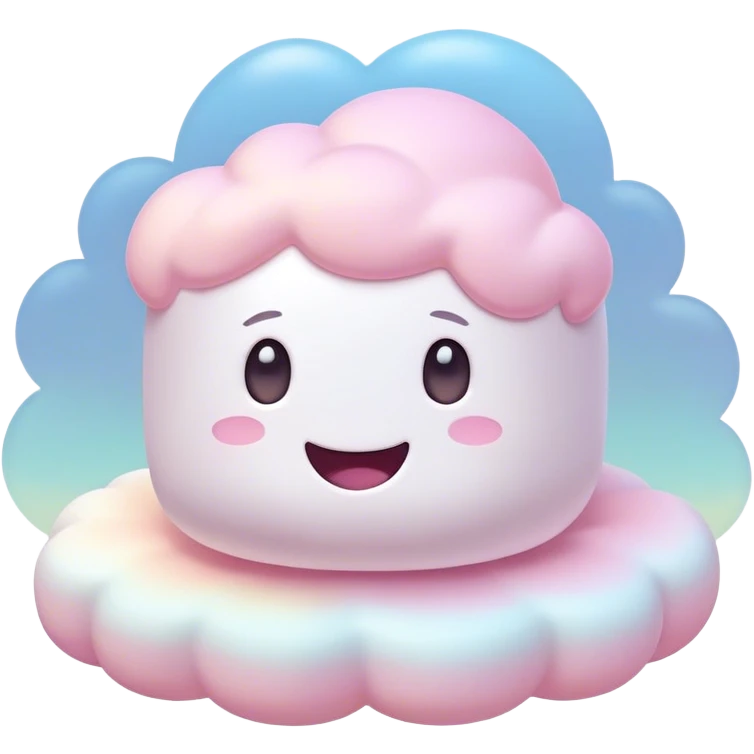 Cinematic fluffy pastel marshmallow character, soft round edges, tiny sparkly eyes, a small happy smile, glowing warmly, floating in a dreamy soft sky. emoji