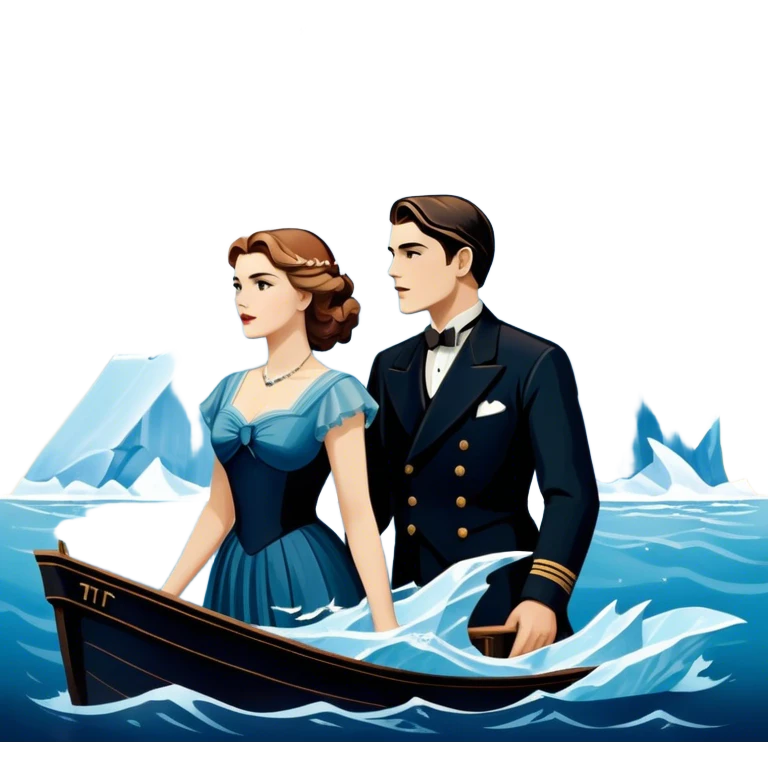 Icon for Titanic Movie: A vintage movie poster-style design featuring a dramatic scene of the ship, the iceberg, and a romantic silhouette of the main couple. Include elements like the ship’s bow, water splashes, and a starry sky in the background. Retro cinematic feel. Transparent background. emoji