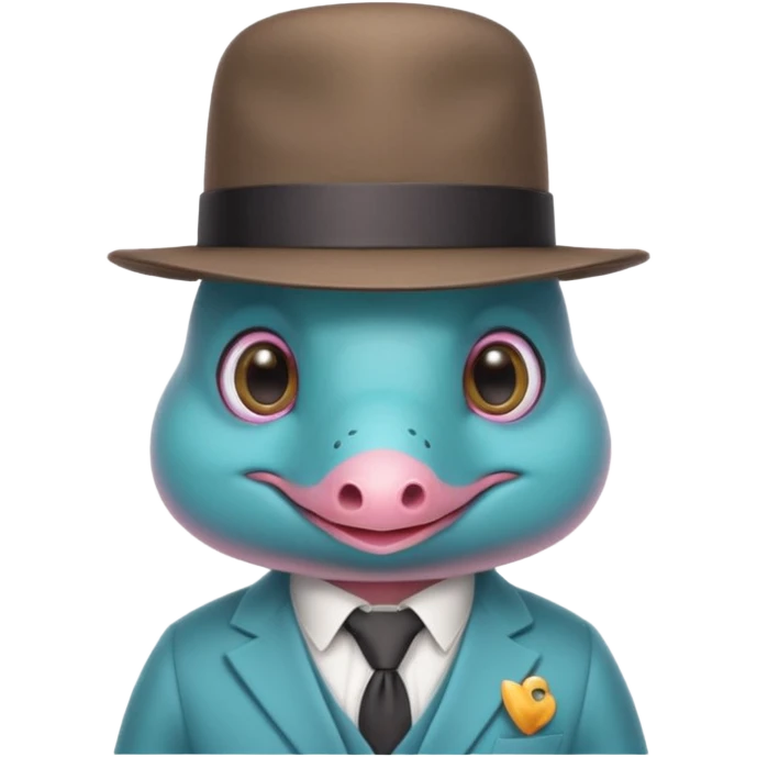 cute light blue turqiouse platypus head, smiling with big eyes with a detective hat and monocle on his eye, no  hands, looks like a platypus but blue, the hat and suit are pink emoji