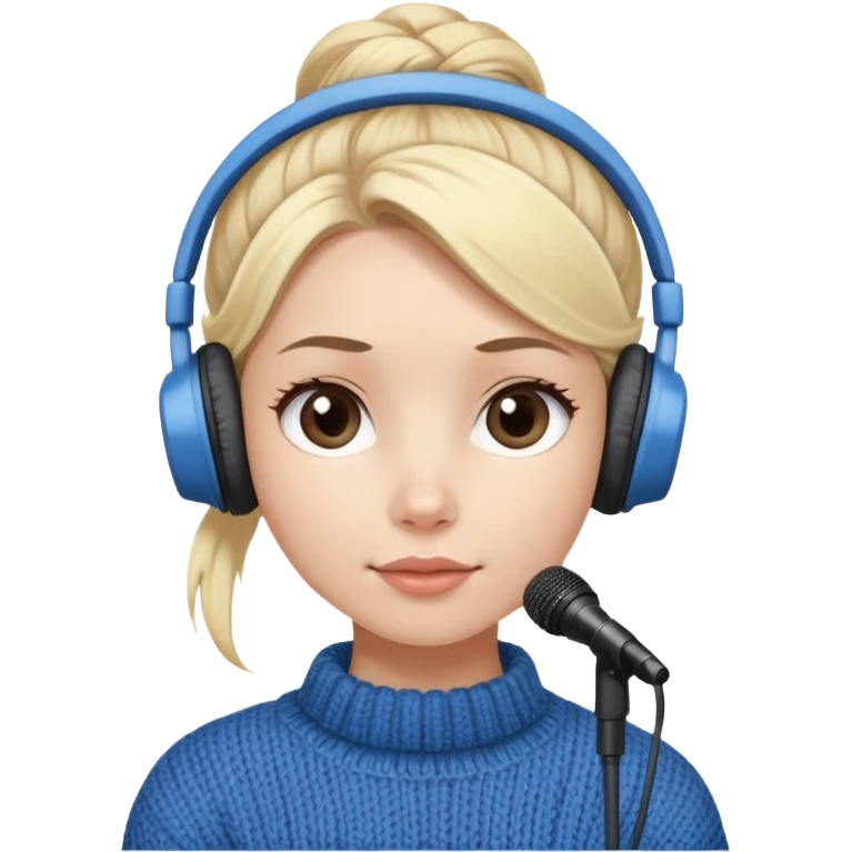 a cute face girl have bright white skin
and natural and small lips with
blue knitwear with a blonde one hair
bun and she is a podcaster in her
school. with recording microphone in
front of her not held and a headphone
in her head emoji