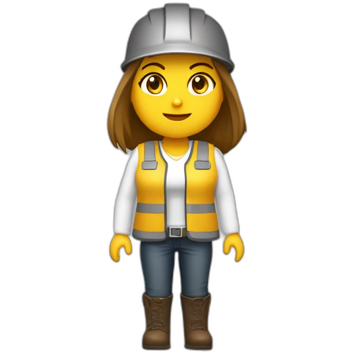 Mujer con casco obra conpletamente blanco pelo lacio castaño oscuro chaleco de obra amarillo fosforito y camisa blanca emoji