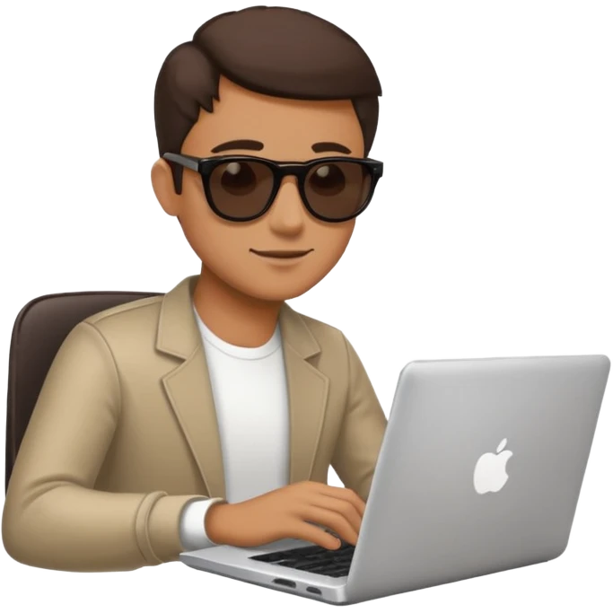 man in sunglasses typing on a laptop with a coffee cup beside him emoji