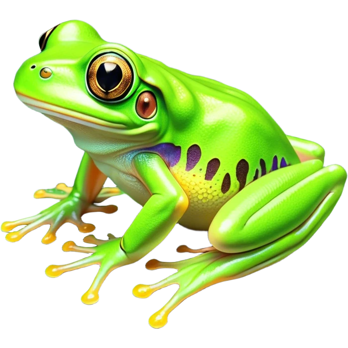 Cinematic Noble Green Tree Frog Portrait Emoji, Poised and alert, with a compact, vibrant body clad in bright, glossy green skin accented by delicate, sticky toe pads and large, bulging, observant eyes, Simplified yet sharp and sophisticated features, highly detailed, glowing with a soft, verdant luminescence, high shine, intelligent and sprightly, stylized with an air of tropical elegance, focused and attentive, soft glowing outline, capturing the essence of a watchful and confident amphibian that appears ready to leap out of the screen with effortless agility! emoji