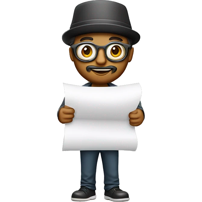 designer with hat, paper, pilot-shaped glasses, a light beard and holding a paper in his hand, smi emoji