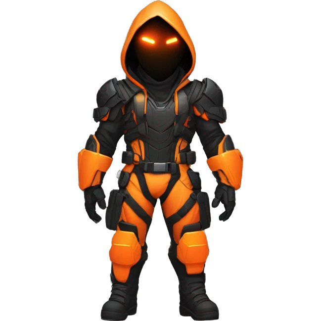  developer behind his laptop with this style : crysis Cyberpunk Valorant orange glowing bright orange character orange black hooded assassin themed character emoji