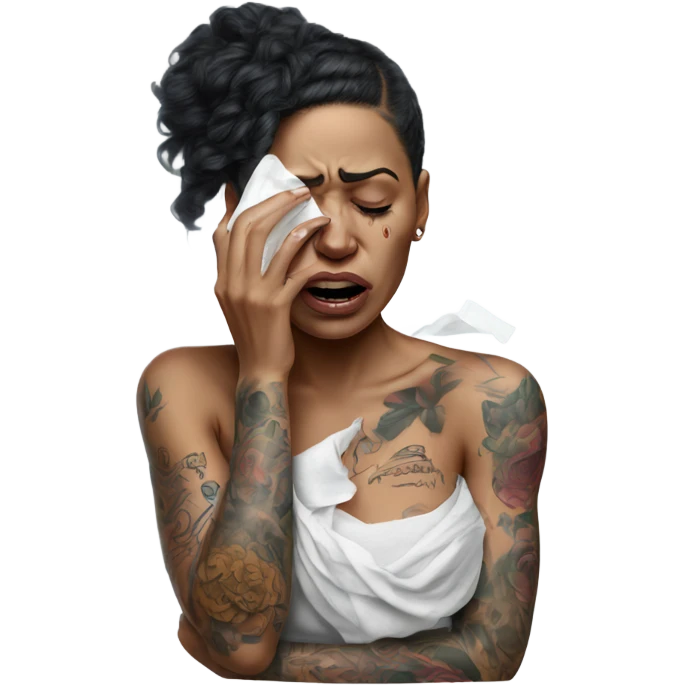Hyper Realistic Beautiful tattooed woman crying holding a tissue   emoji