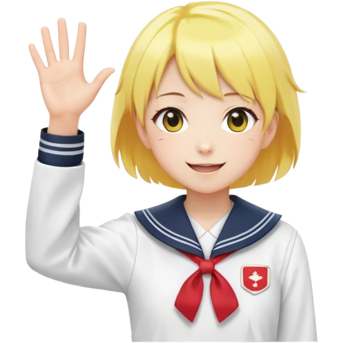 Anime girl with short bright yellow hair wearing Japanese sailor style school uniform, composed posture with hand on hip but energetically waving with other hand, excited smile and happy eyes emoji