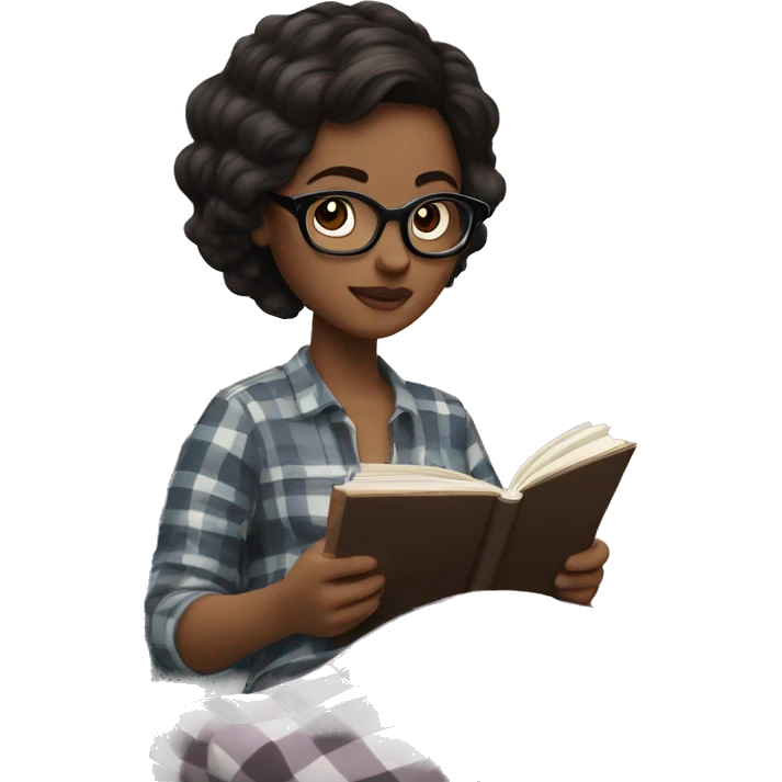 a white girl with glasses and dark hair is sitting in a cot with a plaid and reading a book emoji