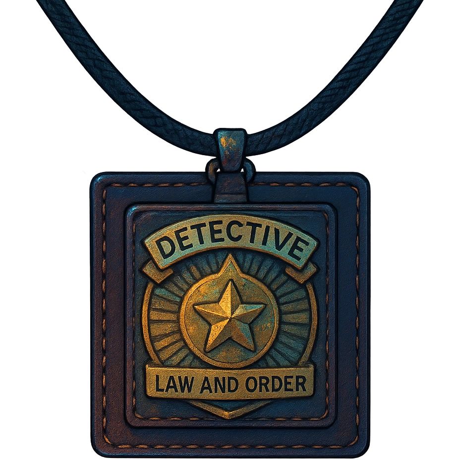 a detective badge, law and order. cyberpunk futuristic, square leather neck worn emoji
