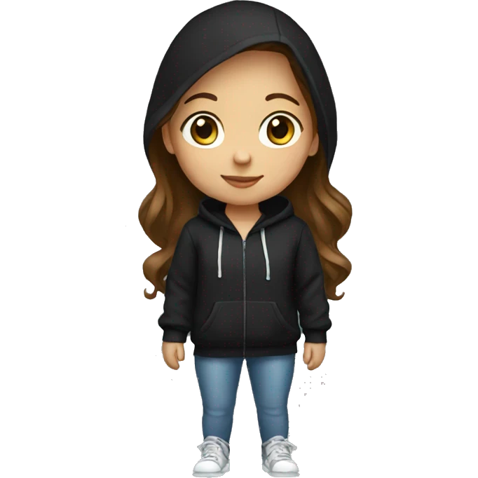 young girl, brown hair, black hoodie emoji
