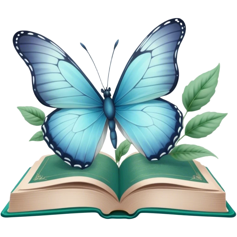 A pale blue butterfly hovering over an open green book with faded botanical illustrations. emoji