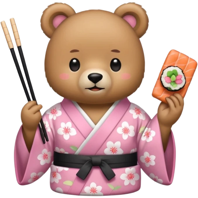 A cute light-brown bear wearing a pastel pink sakura-patterned kimono, normal balanced body ratio. 
Happily eating sushi with chopsticks, excited sparkling eyes. 
Kawaii emoji style, minimalistic clean sticker illustration, white background.
 emoji
