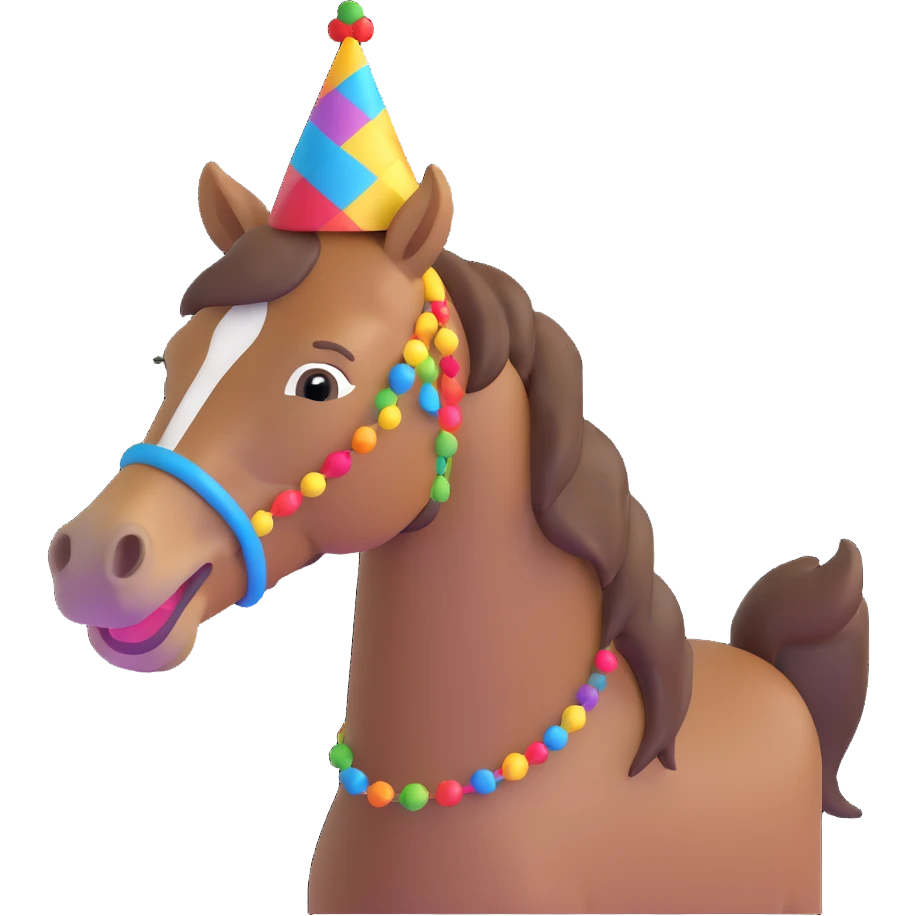brown horse smiling with colorful party hat emoji
