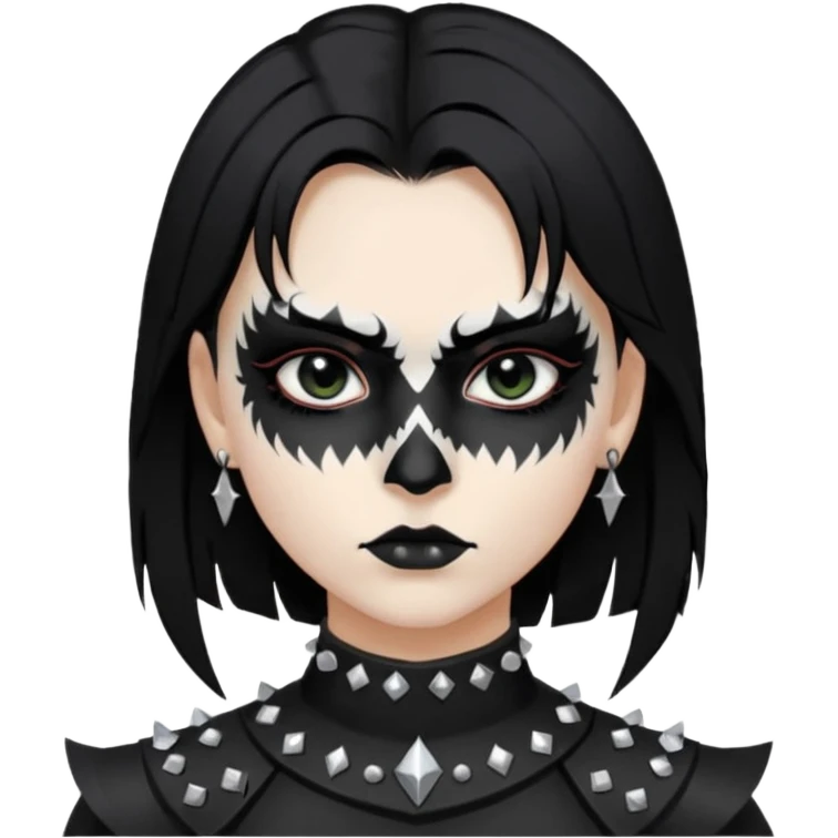 Crea una ragazza con stile black metal,  paint face black metal, capelli neri mossi dalle spalle e occhi bianchi e un collare con borchie a punta emoji