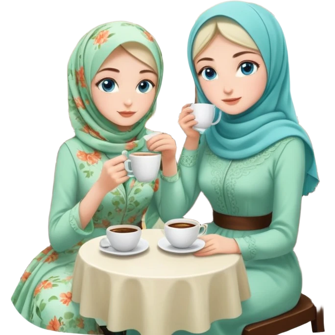 Turkish beautiful finish Konya girls blue eyes with Beautiful light green floral hijab long tail dress and the two friends in a white lovely coffeehouse sits on the chair on the ground and holds cup coffe with her hand  emoji