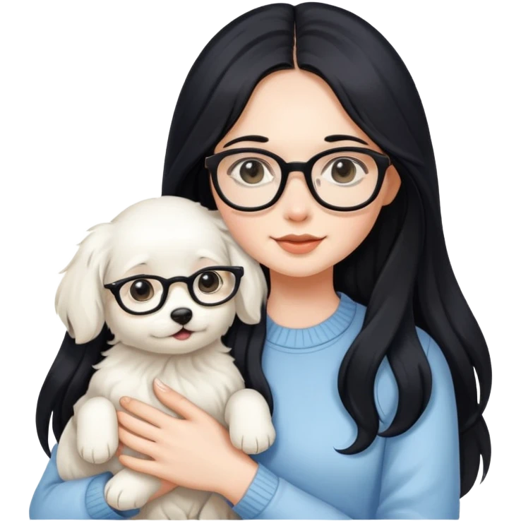 A beautiful girl with long black hair and glasses is holding a long-haired white puppy emoji