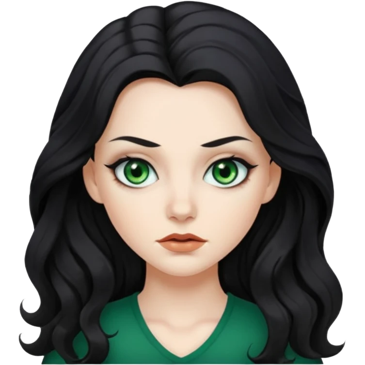 Mean looking white girl with long, wavy black hair, green eyes, and wearing makeup. emoji