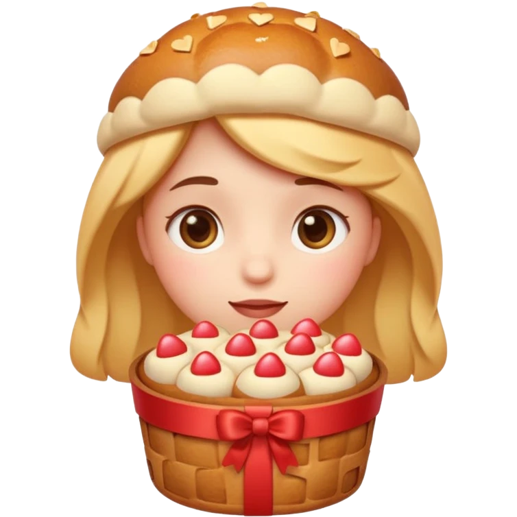 Apple-style emoji illustration of a cuteperson  with dreamy eyes thinking of a traditional panettone, small hearts floating around, soft 3D emoji style, smooth gradients, rounded shapes, warm festive colors, simple expression, centered composition, transparent background, no text. emoji